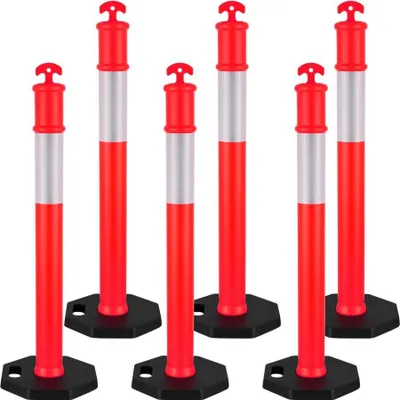 Immagine prodotto di Set di 6 paletti delimitatori di traffico (114 cm) - Paletti delimitatori con base di peso e strisce riflettenti - Robusti paletti barriera per cantieri e parcheggi - Paletti delimitatori di traffico per la folla - Rosso