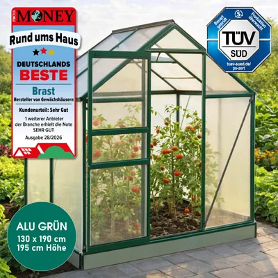 Produktbild von BRAST Gewächshaus Aluminium mit Fundament | 130x190x195cm | 6mm Hohlkammerplatten | rostfrei wetterfest temperaturbeständig | Grün