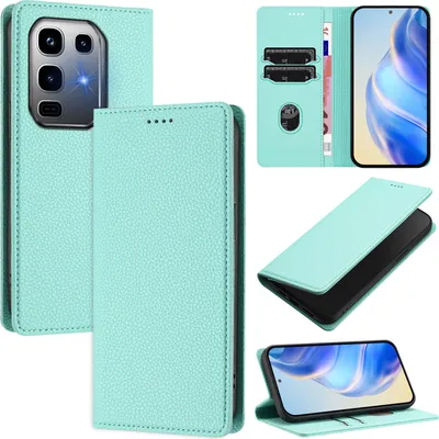 Immagine prodotto di Custodia in pelle per Infinix Note 50 Pro+, pelle Litschi, custodia a portafoglio con slot per carte e supporto Turchese