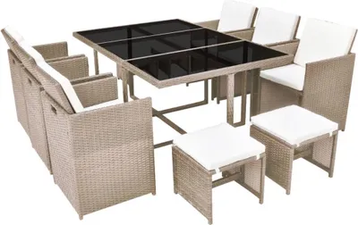 Produktbild von vidaXL 11-tlg. Garten-Essgruppe mit Auflagen Poly Rattan Beige