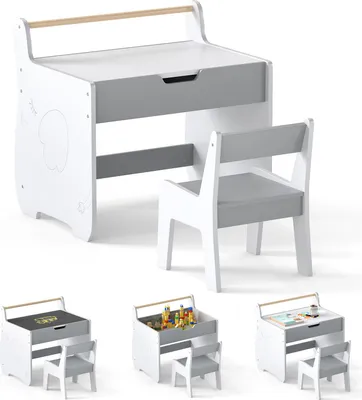 Produktbild von COSTWAY Kindertisch, 3 in 1 Kindersitzgruppe mit Stauraum, Papierrollenhalter, wendbarer & Tischplatte, Sitzgruppe für Kinder ab 3+, Grau+Weiß