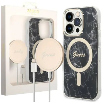 Zdjęcie produktu dla Guess Zestaw Ładowarka Magsafe + Etui Do Iphone 14 Pro Max 6,7" Czarne Marble Magsafe (Gubpp14Xhmeacsk)