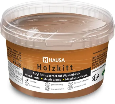 Produktbild von HAUSA Holzkitt 250 g Nussbaum Dunkel Holzspachtelmasse, Kitt für Holz, Holzspachtel/Füllmasse zum Reparieren von Holzschäden gebrauchsfertig ausgezeichnete Füllkraft schnelltrocknend rissbeständig