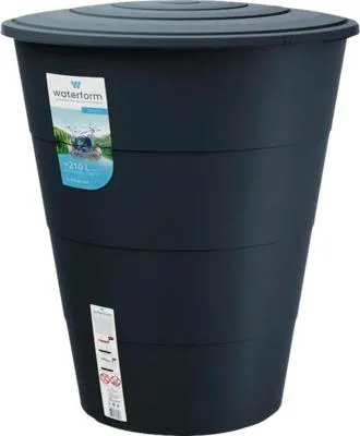 A dark gray rain barrel with a label on the front.