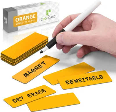 Produktbild von 2DOBOARD Magnetstreifen beschreibbar - 7,5 cm x 2,5 cm Orange - 25 Stück - Wochenplaner, Organizer – Für Metallschränke, Kühlschränke, magnetische Oberflächen
