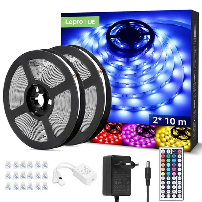 Obrázek produktu pro LED páska 20 metrů (2x10 metrů), RGB LED páska, 5050 SMD, 600 LED diod, 12V, samolepicí světelná páska s dálkovým ovládáním s 44 tlačítky, flexibilní LED lišta, řetěz LED světel IP20 pro domácnost, party, bar, televizi