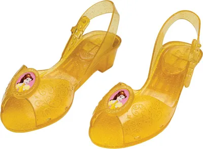 Produktbild von Disguise Disney Prinzessin Belle Jelly-Schuhe für Kinder, offizielles Disney-lizenziertes Verkleidungsaccessoire von , gelbes Glitzer-Design mit Charakter-Brosche, bequeme Passform mit detailreichem Design, Karnevalskostüm-Schuhe, Kind, Mädchen, Belle, Film, Disney Prinzessin