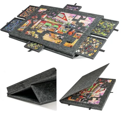 Zdjęcie produktu dla Puzzlebord – Regulowany, składany stojak – Przenośna mata do układania puzzli z pokrowcem – 6 szuflad – 4 pojemniki do sortowania – Pojemność do 1000 elementów