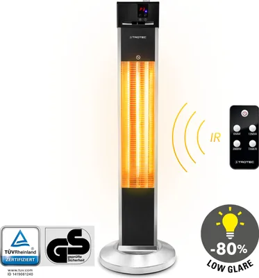 A standing infrared heater with a remote control and certification logos.