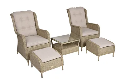 A set of outdoor furniture including two chairs, two ottomans, and a coffee table, arranged on a white background.