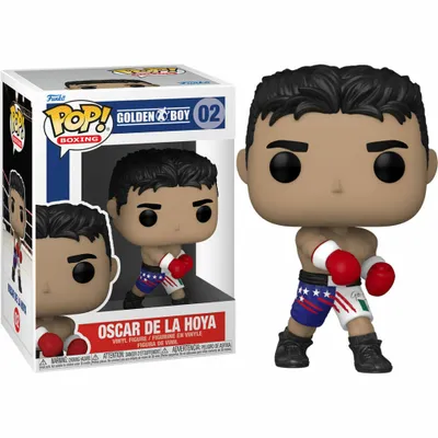 A Funko Pop! vinyl figure of boxer Oscar De La Hoya in its packaging, with the figure also shown outside the box.