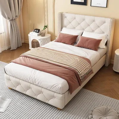 Productafbeelding van Boxspringbed 90x200 cm, beige, van linnen, met hoofdbord, lattenbodem en knoopversteking, geschikt voor de slaapkamer