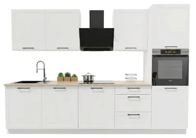 Obrázek produktu pro Kuchyňská linka 300 cm - s béžovou pracovní deskou - Bílá matná - horní a dolní skříňky - tiché dovírání Soft-Close - ADELE