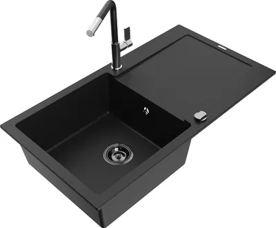 Immagine prodotto di Mexen Leo lavello in granito 1-vasca con scolapiatti e rubinetto da cucina Flora, nero - 6501-77-670401-07-B