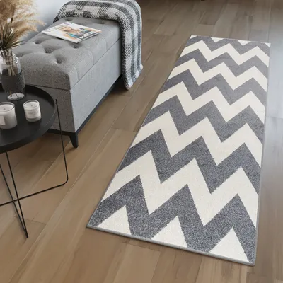 Produktbild von Teppich Läufer Flur Design Wohnzimmer Schlafzimmer Kurzflor Modern Creme Grau  100 x 530