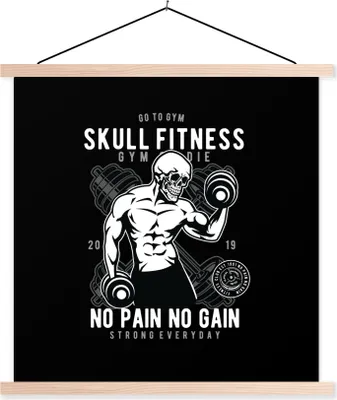 Produktbild von MuchoWow® Textilposter Gewichte - Skelett - Fitness - Retro 120x120 cm mit holzfarbenen Rahmen - Textil-Poster
