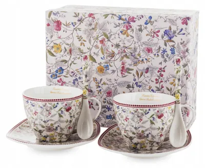 Produktbild von Domdekoracji Porzellan Tassen Set Blumenmuster mit Löffeln Geschenk