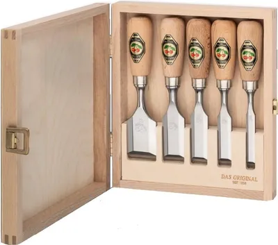Immagine prodotto di Set di scalpelli corti KIRSCHEN in scatola di legno Set di 5 pezzi con manico in faggio ramato 10-16-20-26-35 mm 1157000