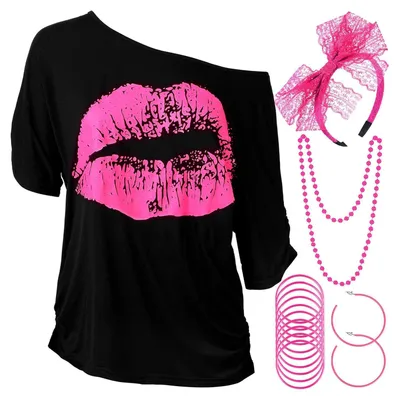 Produktbild von TRANKIELO® – Halloween-Kostüm-Accessoires im Stil der 80er Jahre – T-Shirt mit Lippenmuster, Spitzenhaarreif, Ohrringe, Halskette, Armband