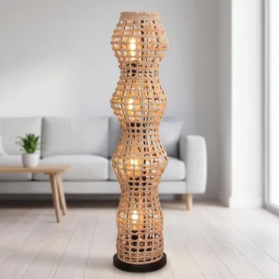 Produktbild von Stehlampe Rattan Boho Metall Schwarz E27 H:111 cm Korb Stehleuchte Wohnzimmer