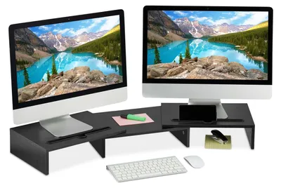 Immagine prodotto di Supporto per monitor doppio supporto rialzato - Regolabile in altezza - Nero - Per 2 monitor - Per scrivania