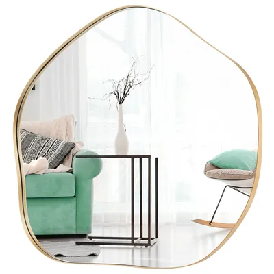 Produktbild von GOPLUS asymmetrischer Wandspiegel, unregelmäßiger Spiegel mit Metallrahmen & Rückwand, HD Hängespiegel Kosmetikspiegel, dekorativer Schminkspiegel für Wohnzimmer, Bad & Flur(75,5×70cm,Gold)