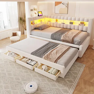 Produktbild von Merax Polsterbett Schlafsofa 90x190cm mit LED-Beleuchtung, Ausziehbett mit Stauraumschubladen, Tagesbett Daybett mit USB-C-Ladeanschluss, Samt, Beige