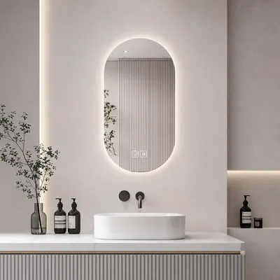 Zdjęcie produktu dla Lustro łazienkowe LED, owalne, z oświetleniem, montowane na ścianie, z funkcją antyfoggingową, możliwość regulacji jasności, 3 barwy światła, panel dotykowy, wymiary 50x80 cm, kolor srebrny