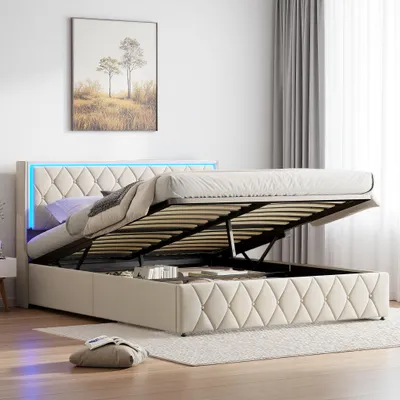 Immagine prodotto di Letto a cassettone 140x200 cm in velluto beige con illuminazione LED integrata e porte di ricarica - Design moderno e funzionale