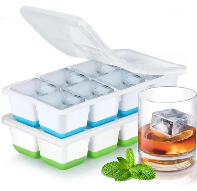 Produktbild von Eiswürfelform Silikon 2er-Pack mit Deckel, große Eiswürfel, BPA-frei, LFGB-, stapelbar, Grün + Blau