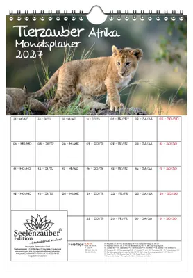 Produktbild von Tierzauber Afrika Planer DIN A4 Kalender für 2027 Tiere aus Afrika - Geschenkset Inhalt: 1x Kalender 1x Weihnachtsanhänger 1x Grußanhänger (gesamt 3 Teile)