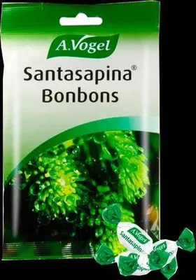 A bag of A. Vogel Santasapina Bonbons with a close-up image of a green plant and some bonbons in the foreground.