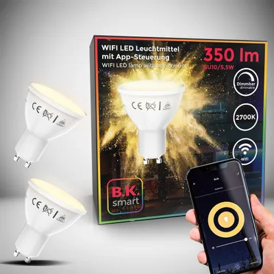 Immagine prodotto di Lampadine LED smart GU10, set di 2, dimmerabili con lo smartphone, luce calda 2700K, funzionano con App per iOS e Android, Amazon Alexa, Google Home, lampadina Wi-Fi 5.5W 350Lm, attacco GU10