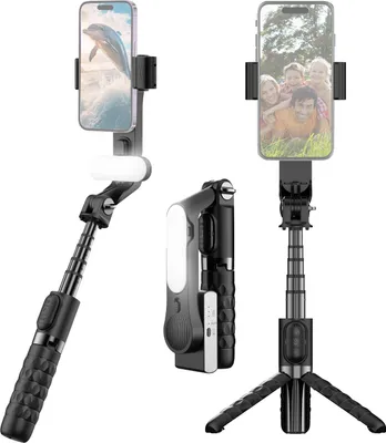 Obrázek produktu pro Přenosný gimbalový stabilizátor pro smartphony, výsuvná selfie tyč, stativový stojan s odnímatelným LED světlem, dálková spoušť, stativ pro telefon pro vlog, živé vysílání, selfie, online video
