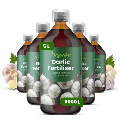 Produktbild von Garlic Flüssigdünger 5x1L – 2-1-8 NPK – Flüssig-Pflanzendünger für Knoblauch & Kräuter – Organifer