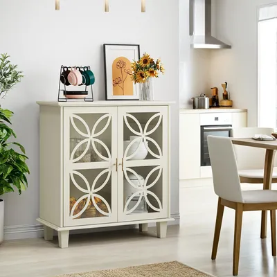 Produktbild von okwish Vintage Sideboard mit Glastüren und verstellbaren Einlegeböden, Doppeltür-Design, Beistellschrank in Cremefarben