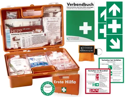 Produktbild von Verbandskoffer (K) Typ N - INKL. 90° ARRETIERUNG -Paket 1- Erste Hilfe -akt. DIN 13157 (Betriebe) INKL. VERBANDBUCH + Notfallbeatmungshilfe +Aufkleber