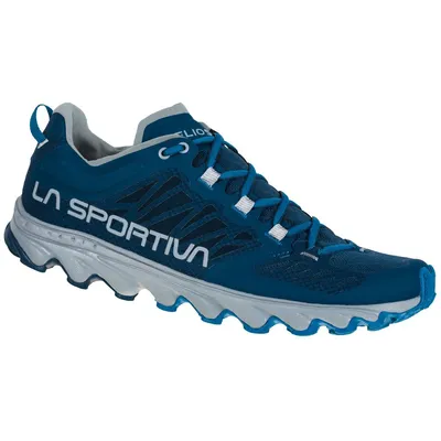 Trailrunning-Schuhe "Helios III" von La Sportiva in Blau mit grauen und weißen Akzenten.