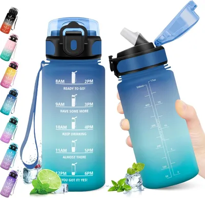 Immagine prodotto di Borraccia sportiva con indicatore del tempo, capacità 500 ml, con cannuccia, ideale per la scuola e lo sport