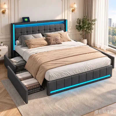 Image de Lit tapissé INONEFT 160x200 cm avec 4 tiroirs, lit pour adolescents/lit double avec ports USB/Type-C et éclairage LED, lit coffre en bois massif avec sommier à lattes, tissu en lin, couleur gris