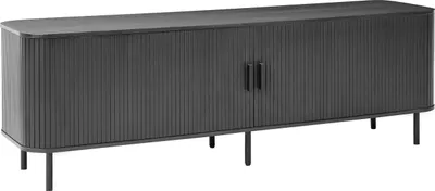 Produktbild von BELIANI TV-Möbel Schwarz MDF-Platte mit 2 Schiebetüren Lamellen-Optik Kabeldurchführung Retro Wohnzimmer TV-Schrank für bis zu 54“ Fernseher