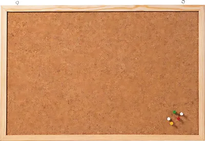 A corkboard with a wooden frame and several pushpins in the bottom right corner.