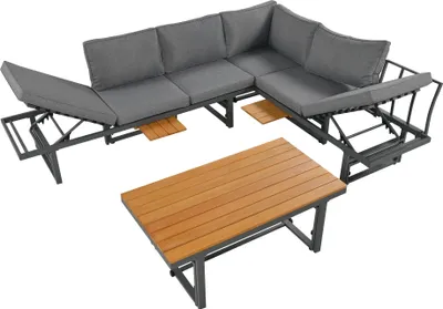 Produktbild von Merax Gartenlounge-Set mit verstellbaren Module, 3-tlg.Sitzgruppe mit Tisch und Kissen, Akazie Balkonmöbel verstellbar Gartensofa Gartenmöbel Set Grau