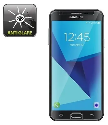 A Samsung Galaxy J7 2017 smartphone with an anti-glare screen protector applied, shown next to a graphic indicating the anti-glare feature.