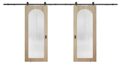 Produktbild von Doppel-Schiebetür mit Aufschraubsystem aus Holz und MDF – heller natürlicher Bogen und gerilltes Sicherheitsglas – 2 x H205 x B73 cm – ODEZA