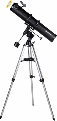 A black telescope on a silver tripod against a white background.