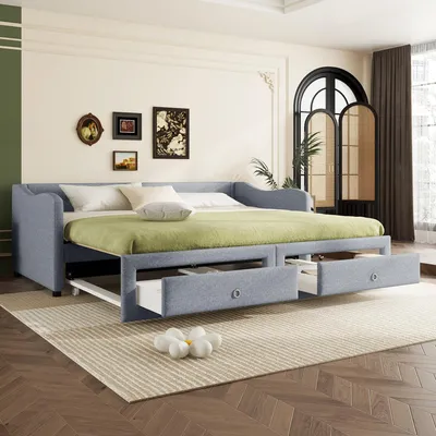 Produktbild von Tagesbett, 90 x 200 cm, Ausziehbett, 2 Schubladen, Stoffbezug, grau, ohne Matratze
