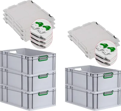 Produktbild von SuperSparSet 5x Eurobox NextGen Color mit Scharnierdeckel und Schiebeschnappverschlüssen | HxBxT 22x40x60cm | 44 Liter | Grau | Griffe grün offen | Verstärkter Boden | Eurobehälter, Transportbox, Transportbehälter, Stapelbehälter