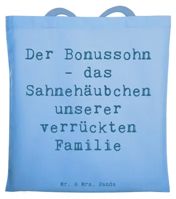 Produktbild von Mr. & Mrs. Panda Einkaufstasche Spruch Der Bonussohn - Sky Blue - Geschenk, Uni Tasche, Laptoptasche, Patchworkfamilie, Familienintegration, Familienleben, Geschenke