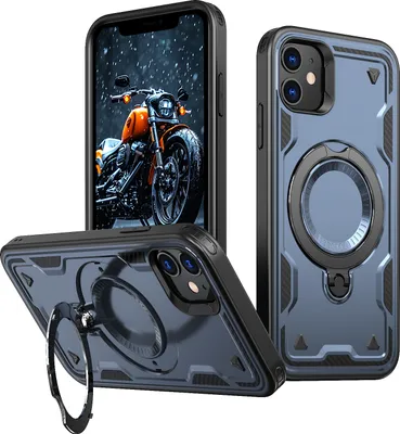 Produktbild von Dual Layer Hülle für iPhone 11/iPhone XR Metall Ring Ständer Magnetisch Stoßfest Militär Handyhülle Blau